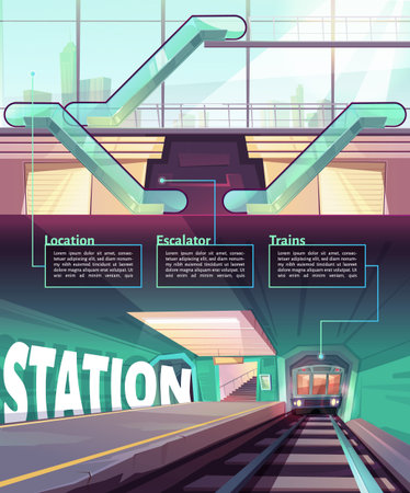 Cartoon infographic with train in metro stationのイラスト素材