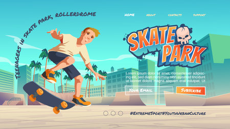 Skate park cartoon landing page with teenagerのイラスト素材