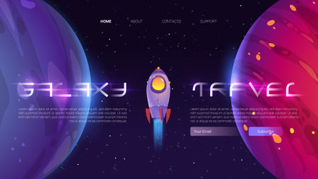 Galaxy travel banner with spaceship and planetsのイラスト素材