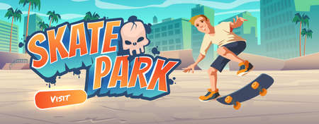 Skate park cartoon landing page with teenagerのイラスト素材
