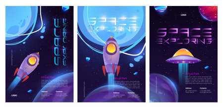 Space exploring posters saucer, planets, rocketのイラスト素材