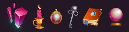 Cartoon magic items crystal, globe, burning candle and ancient silver key, spell book and gold pendant. Elements for computer game interface, isolated witch stuff, Vector illustration, icons setのイラスト素材