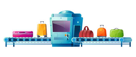 Conveyor belt with luggage in airport terminal. Security check scanner of baggage. Vector cartoon illustration of automated machine with roller band, bags and suitcases isolated on white backgroundのイラスト素材