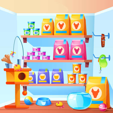 Pet shop interior with scratching post for cats, toys, bowl, feed in bag and cans. Vector cartoon illustration of store with accessories for domestic animals, aquarium for fish, collar for dogs, ballsのイラスト素材