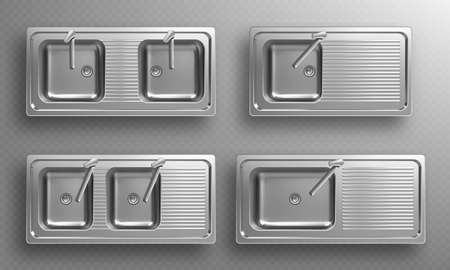 Stainless kitchen sinks with faucets in top view. Vector realistic set of empty steel wash bowls with basin mixer, drain and utensil drainer. 3d double metal sinks isolated on transparent backgroundのイラスト素材