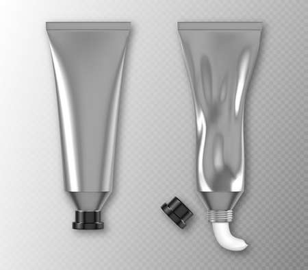 Silver tube package with hand cream, toothpaste or white paint isolated on transparent background. Vector realistic mockup of 3d blank aluminium container with black capのイラスト素材