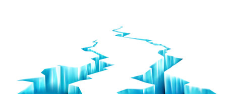 Broken ice, deep crack in frozen surface. Breaks in glacier in perspective view. Vector realistic background with fractures in ice from earthquake or melting. 3d blue rifts on white backgroundのイラスト素材