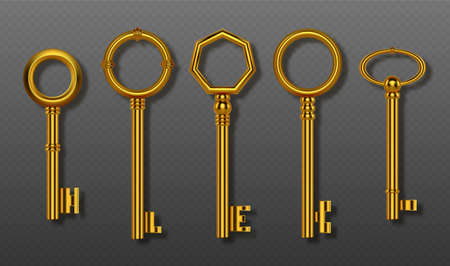 Old gold keys collection isolated on transparent background. Vector realistic set of vintage decorative golden keys for lock, house door or treasure. 3d shiny symbols of secret, security and privacyのイラスト素材