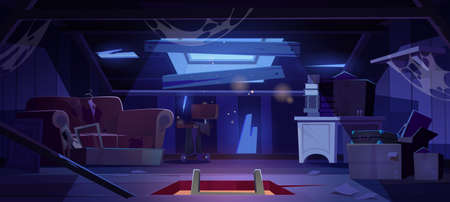 Old attic in abandoned house at night. Empty garret room interior with broken roof, walls and beams, clutter and spiderweb. Messy mansard with hatch in floor and moonlight, cartoon vector illustrationのイラスト素材