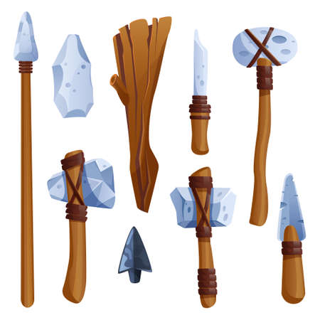 Prehistoric weapon, stone ages tools made of wood and rocks. Axe, hammer and spear, wooden cudgel, knife and arrow head, hunt items isolated on white background, Cartoon vector illustration, icons setのイラスト素材