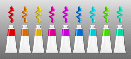 Set of paints tubes with blots top view, colorful palette with oil or acrylic dye in metal aluminium bottles with white screw caps isolated on transparent background, Realistic 3d vector illustrationのイラスト素材