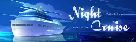 Night cruise on sea liner cartoon banner, invitation for booking ticket on modern ship travel in ocean, marine journey on luxury sailboat at tropical land, voyage on passenger vessel Vector posterのイラスト素材