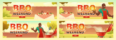 BBQ weekend flyers. Invitation banner to barbecue party with black man cooks meat on grill. Vector posters set with cartoon illustration of picnic with barbeque on summer lawn in park or gardenのイラスト素材