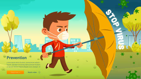 Stop virus cartoon web banner, little boy in medical mask with umbrella protect from virus rain falling down from sky.のイラスト素材
