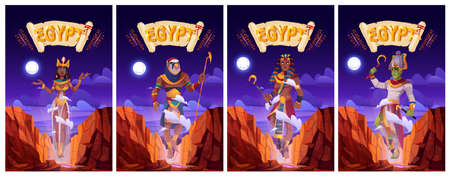 Cartoon posters with Egyptian gods Amun Ra, Horus, Pharaoh and queen Cleopatra. Ancient Egypt deities in royal clothes holding divine power staffs floating in air above rocks, vector illustrationのイラスト素材