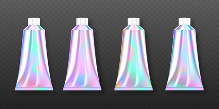 Holographic tube package for cosmetics, hand cream or skin care products. Vector realistic mockup of...