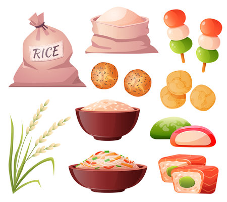 Rice in bag and bowl, flour in sack, grain ear and traditional japanese food. Vector cartoon set with sushi, rice noodle, chips, dango, griddle cakes and mochi isolated on white backgroundのイラスト素材