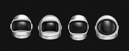 Astronaut helmets, cosmonaut mask with clear glass for space exploration and flight in cosmos. Vector realistic set of white suit part for protection spaceman head isolated on transparent backgroundのイラスト素材