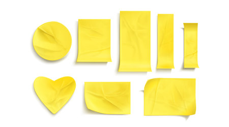 Yellow paper stickers, crumpled sticky notes. Vector realistic set of empty glued labels with curl...