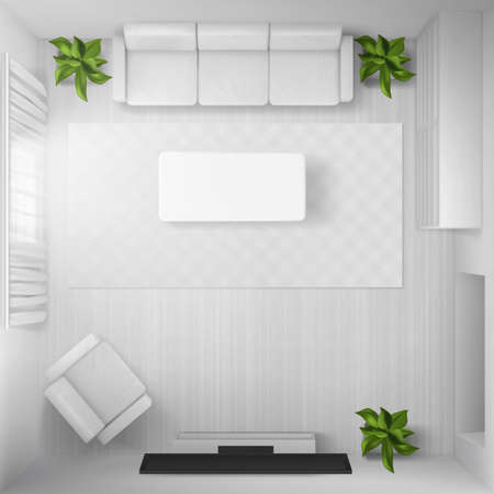 Top view of living room in house, apartment or hotel. Modern interior with tv, sofa, chair, book shelves, table and carpet. Vector realistic illustration of empty room with white furnitureのイラスト素材