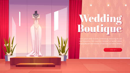 Wedding boutique cartoon landing page, bridal shop interior with dresses on mannequins and large mirrors with lighting. bride gowns selling showroom with fashioned women dressing, vector web bannerのイラスト素材