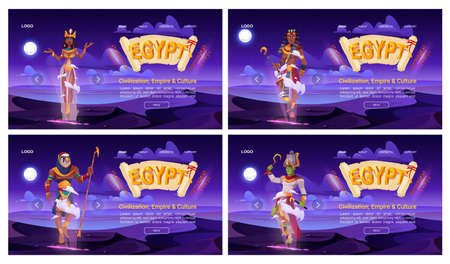 Egypt banners with ancient god Amun, Osiris, Pharaoh and Cleopatra on background of night desert. Vector landing pages with papyrus scroll, egyptian queen, god with falcon head, Horus and Amon Raのイラスト素材