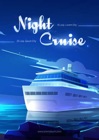 Night cruise on sea liner cartoon flyer, invitation for booking ticket on modern ship travel in ocean, marine journey on luxury sailboat at tropical land, voyage on passenger vessel Vector posterのイラスト素材