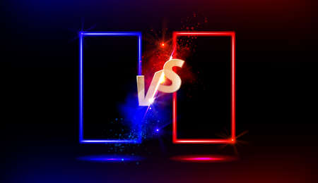 Versus VS gold sign with blue and red empty frames or borders and glow sparks on black background. Sport confrontation, martial arts combat, fight competition or challenge, Realistic 3d vector conceptのイラスト素材