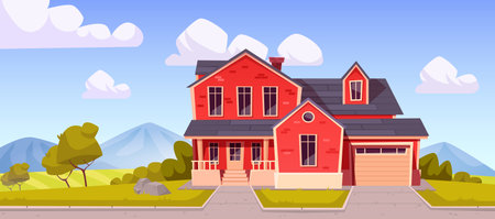 Suburban house, residential cottage, real estate countryside building red brick exterior. Two storey dwelling place with garage. Home facade with green lawn in front yard. Cartoon vector illustrationのイラスト素材