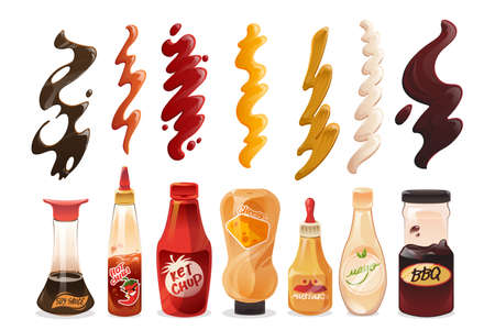 Set of different sauces in bottles and strokes top view. Mayonnaise, ketchup, mustard and soy sauce with cheese hot chili or bbq products in tubes isolated on white background, Cartoon vector iconsのイラスト素材