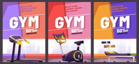 Gym cartoon poster with treadmill. Promotional flyer with promocode for weight lifting, body building or personal training. Special offer for sports activity and healthy lifestyle, Vector illustrationのイラスト素材