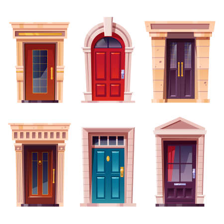 Closed front doors with stone frame for building facade. Vector cartoon set of house entrance, red, brown and blue wooden doors with knobs and windows isolated on white backgroundのイラスト素材