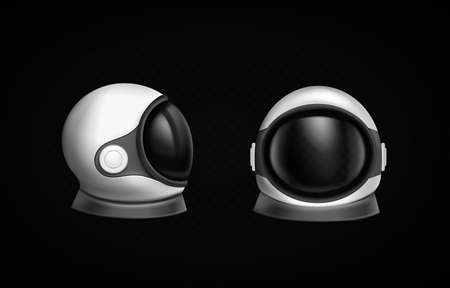Astronaut helmet, cosmonaut space suit front and side view isolated on black background. Pilot costume headwear of white color with dark glass with light reflection, Realistic 3d vector illustrationのイラスト素材