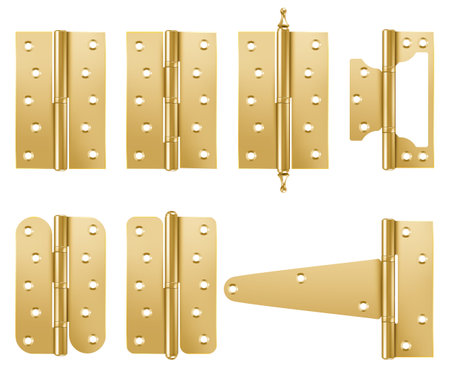 Door hinges, yellow colored metal noose hardware, gold or bronze shiny graphic elements for design and home renovation isolated on white background, Realistic 3d vector illustration, icons setのイラスト素材