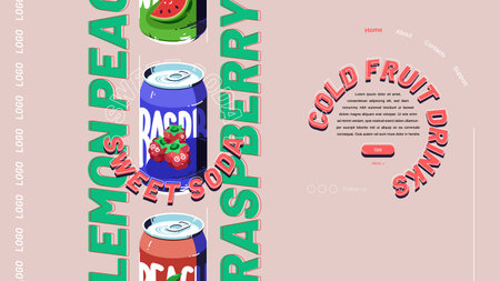 Sweet soda landing page, cold drinks promo ads with tin cans of lemon, raspberry or watermelon fresh juice carbonated beverages or fruit water advertisement campaign, line art vector web bannerのイラスト素材