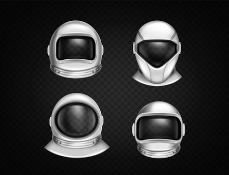 Astronaut helmets for space exploration and flight in cosmos. Cosmonaut mask with clear glass different shapes. Vector realistic set of white suit part for protection spaceman headのイラスト素材