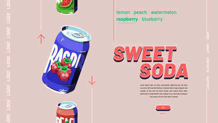Sweet soda banner. Website design of fizzy drinks with fruits juice. Vector landing page with flat illustration of raspberry, watermelon and peach beverage in aluminium cansのイラスト素材
