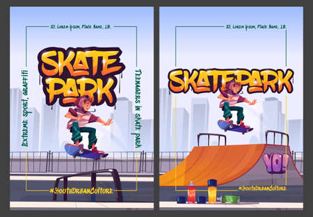Skate park cartoon posters with teenager at rollerdrome perform skateboard jumping stunts on pipe ramps. Extreme sport, graffiti painting, youth urban culture and teen street activity, vector bannersのイラスト素材