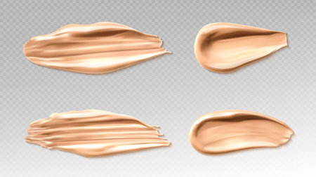 Concealer or skin foundation smear brush strokes. Beauty make up cosmetics texture smudge elements, abstract splash trace shapes samples isolated on transparent background. Realistic 3d vector setのイラスト素材