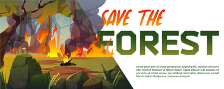 Save the forest cartoon banner with fire burning in wood with raging flames. Nature disaster, blazing trees and plants around. Earth planet ecological catastrophe, eco concept vector illustrationのイラスト素材