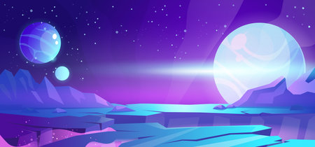 Cosmic background, alien planet deserted landscape with mountains, rocks, deep cleft and stars shine...