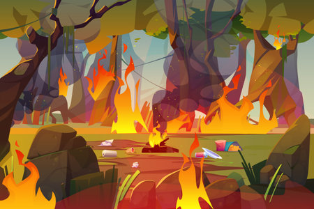 Fire in forest, polluted wood with raging flames and trash. Nature pollution, garbage contamination, blazing trees and waste around. Save Earth planet, ecological catastrophe Cartoon vector conceptのイラスト素材