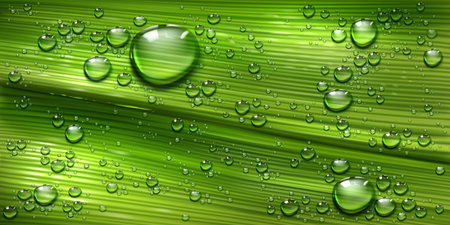 Tree leaf texture with water drops, palm or banana green plant with pure shining dew droplets abstract background. Spring or summer floral nature close up backdrop, Realistic 3d vector illustrationのイラスト素材