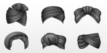 Black turbans, indian and arab headdress for man and woman. Vector realistic set of winding headscarves, traditional clothes in India, pagdi isolated on transparent backgroundのイラスト素材