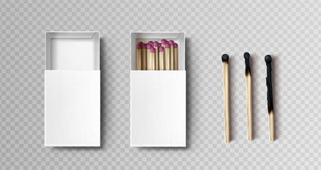 Matches in box, stages of burning from black firebrand head to charred burnt wooden stick, matchsticks with pink sulphur lying in open case isolated on transparent background, Realistic 3d vector setのイラスト素材