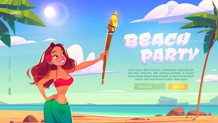 Beach party landing page with woman on background of sea. Vector banner of summer party on ocean shore with cartoon illustration of girl with stick near palm treesのイラスト素材