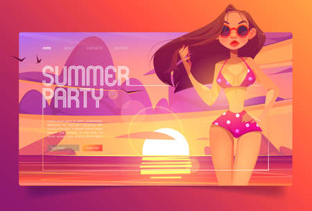 Summer party cartoon landing page with woman wearing sexy bikini and sunglasses stand on dusk seaside background. Invitation for summertime vacation entertainment on resort beach, vector web bannerのイラスト素材