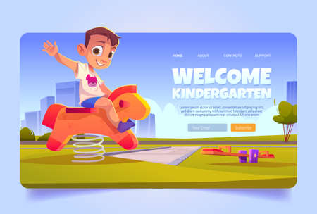 Welcome to kindergarten cartoon landing page. Little kid rocking wooden horse on summer playground. Area for children with swing and green plants. Happy boy playing, nursery school Vector web bannerのイラスト素材