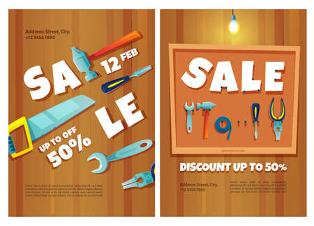 Construction tools sale posters. Hardware shop banners with sale and discount. Vector flyers with cartoon illustration of carpentry work and repair instruments, hammer, saw and spanner on wooden wallのイラスト素材