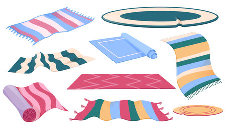 Set of carpets or rugs of different shapes, designs and colors. Floor covering, interior decor, mats with fringed edges, cozy home decoration isolated on white background, Cartoon vector illustrationのイラスト素材